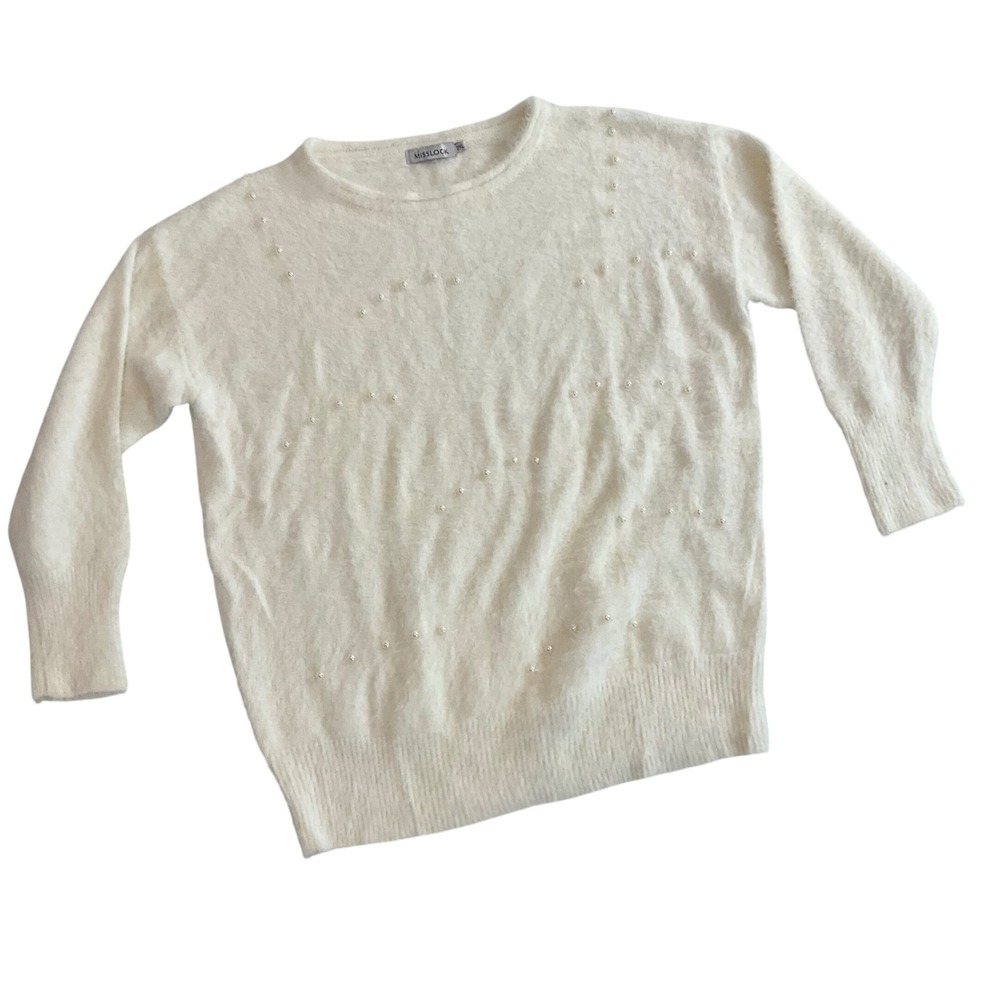 Misslook Womens 2XL Sweater Cream Fuzzy Knit Crewneck Pearl Accents Soft Mohair